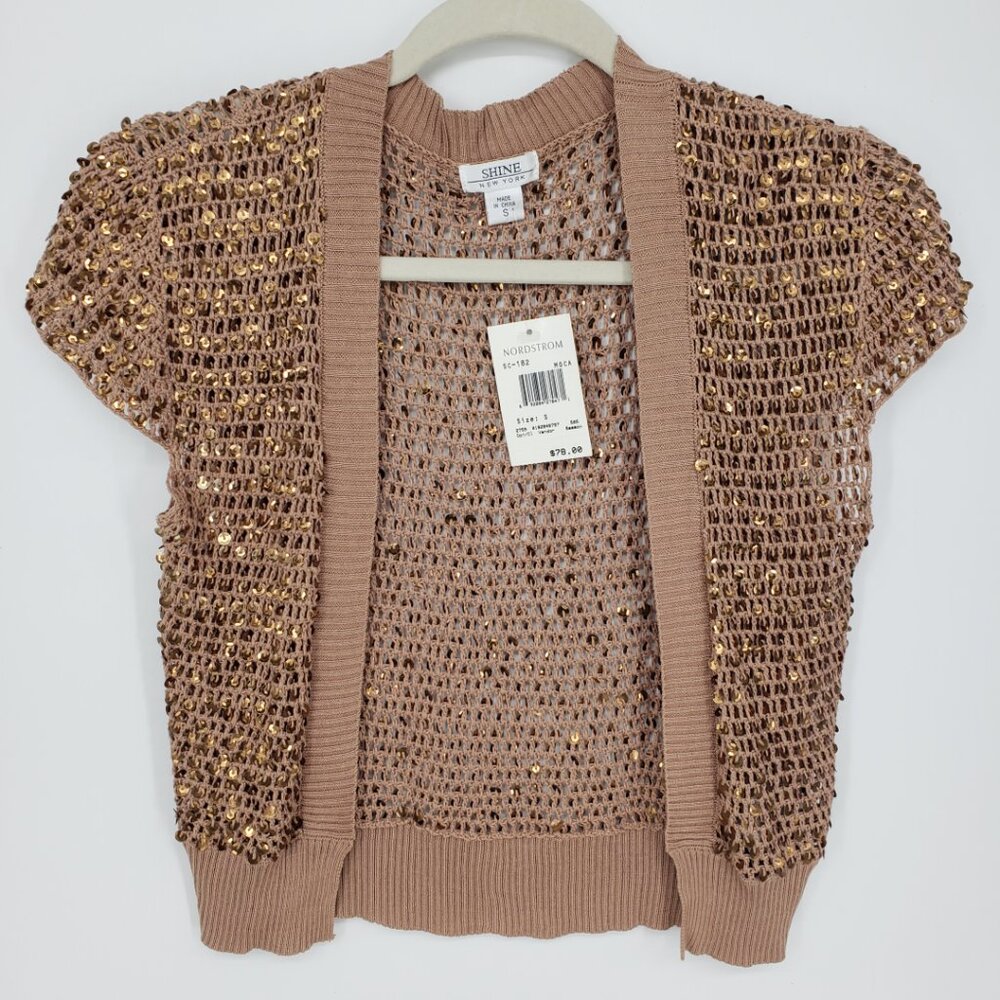 Vintage Y2K Shine New York‎ Sequin Shrug Cardigan Sweater S Open Fishnet Tan